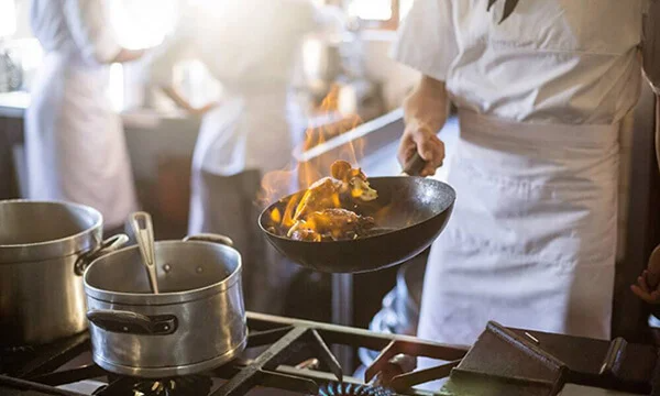 Chef using frying pan over gas stove