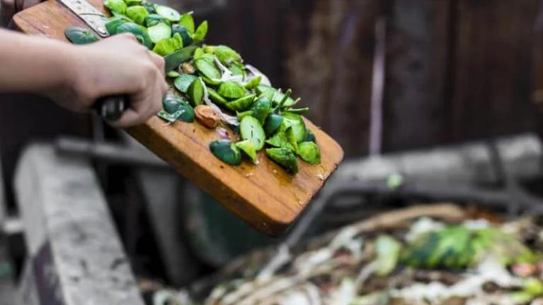 Green food scraps being scraped off cutting board into compost bin