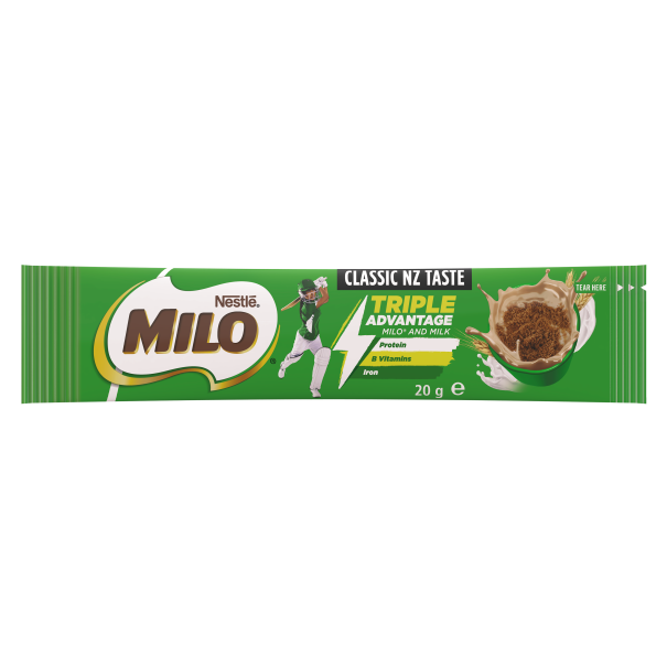 Nestlé Milo Triple Advantage Milo and Milk 20g stick pack.