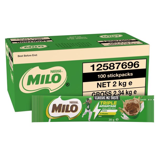 Nestlé Milo Triple Advantage Milo and Milk carton and 20g stick pack.