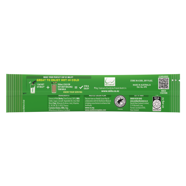 Back view of Nestlé Milo Triple Advantage Milo and Milk 20g stick pack.